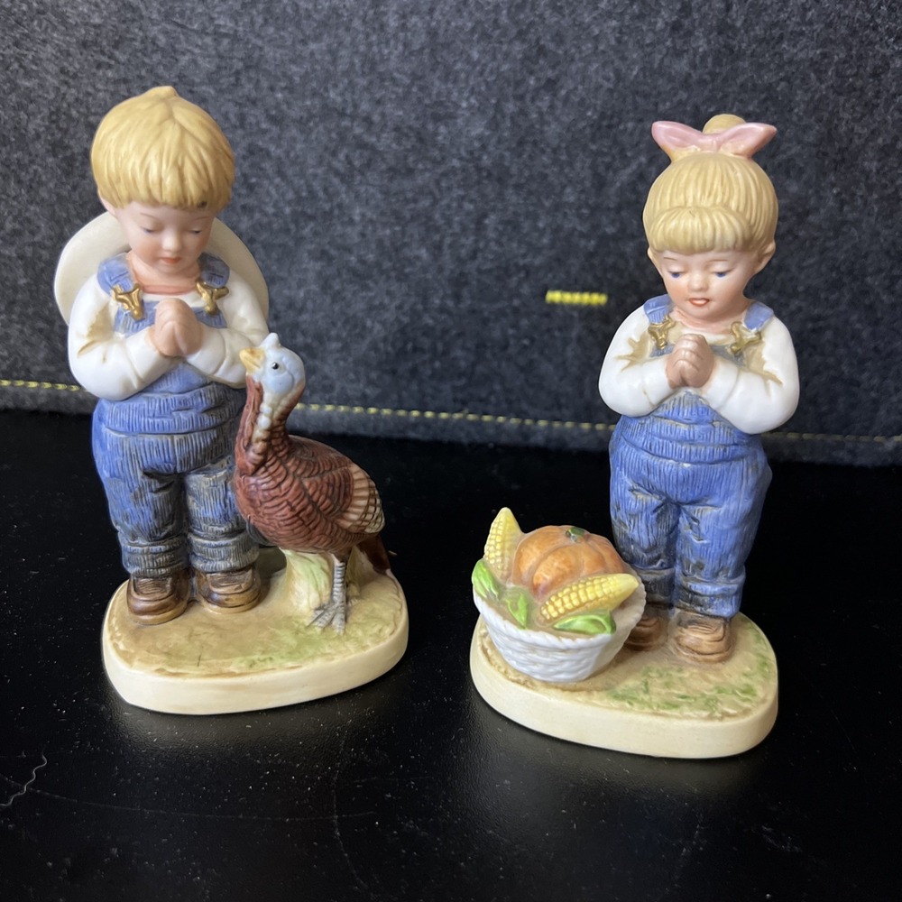 Vintage Homco 1985 Denim Days #1506 Figurines Boy W Turkey Girl Praying W Food